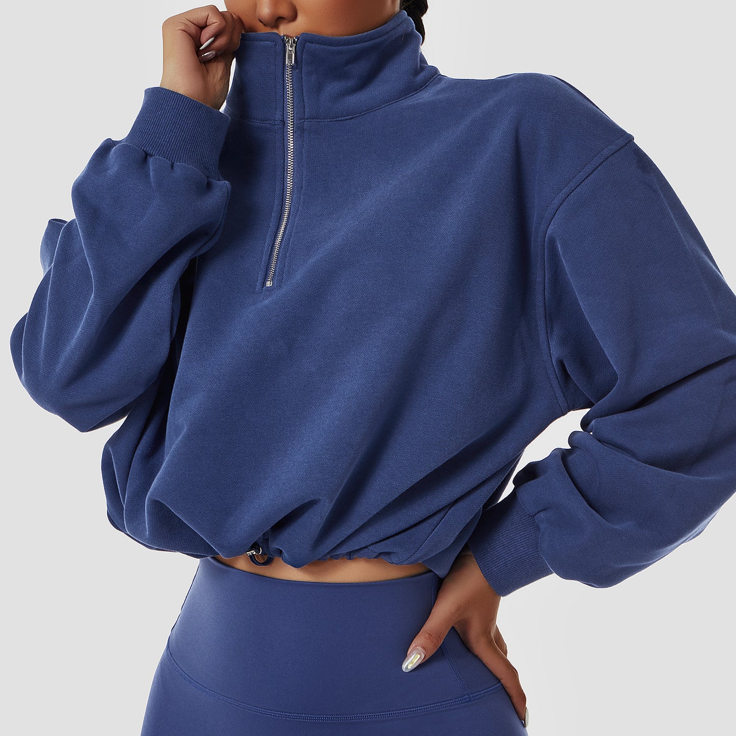 Women's Outdoor Running Drawstring Zipper Loose Long Sleeve Sweatshirt