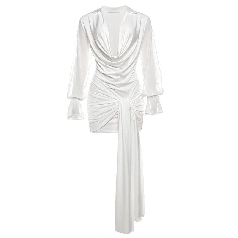 Womens Stylish Elegant Solid-color Low-neck Long-sleeve Dress