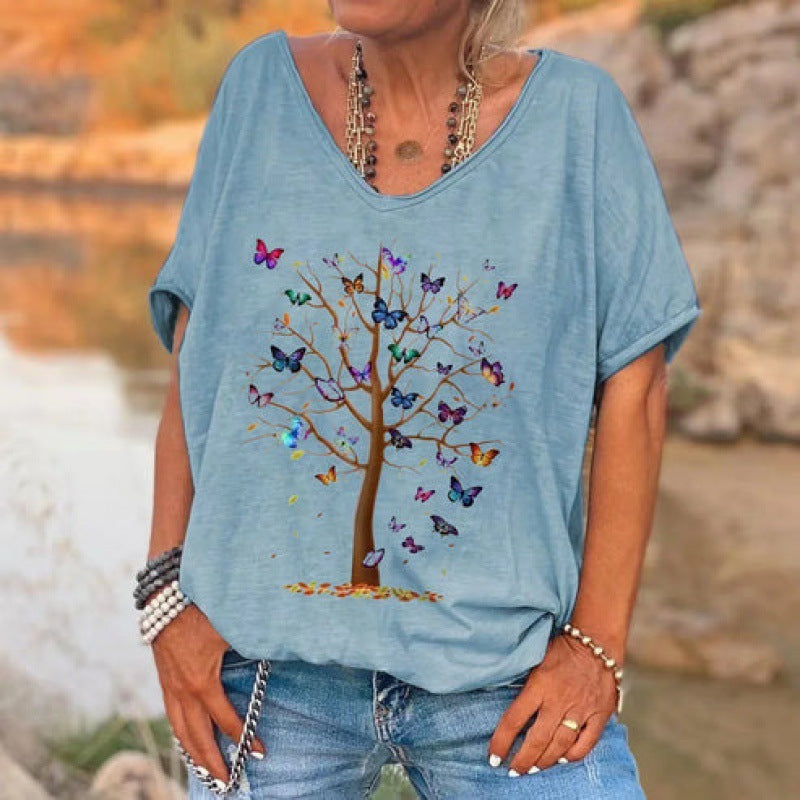 Loose Fashion V-neck Cartoon Digital Printed T-shirt