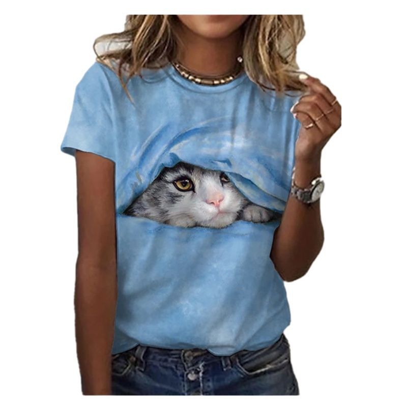Cat Face Print Summer Women's T Shirt