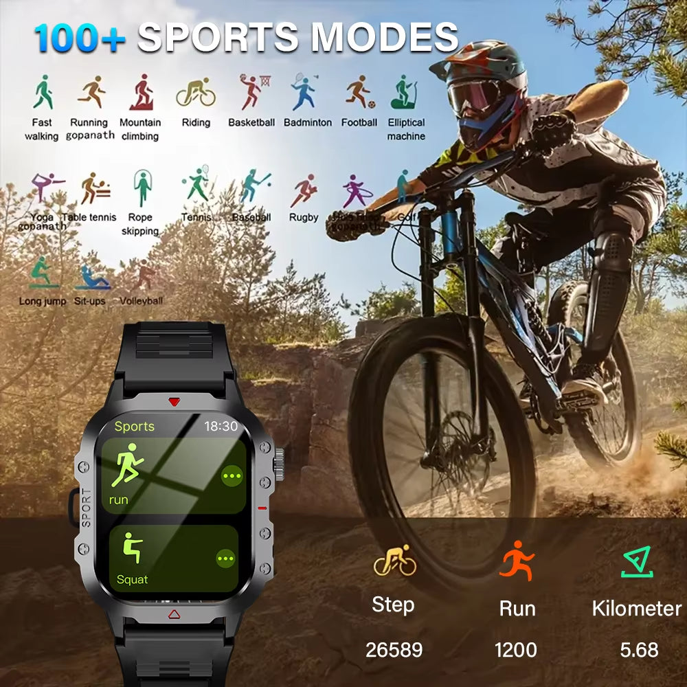 Sports Smart Watch Men'S Outdoor Sports Fitness Tracker Health Monitor LED Flashlight 2.01” Bluetooth Talk Smart Watch