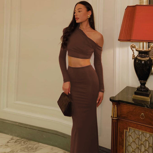 Women's Fashion Shoulder-baring Long-sleeved Top Slim Skirt Suit