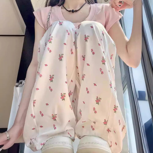 White Floral Overalls Women's Summer High Waist Wide Leg
