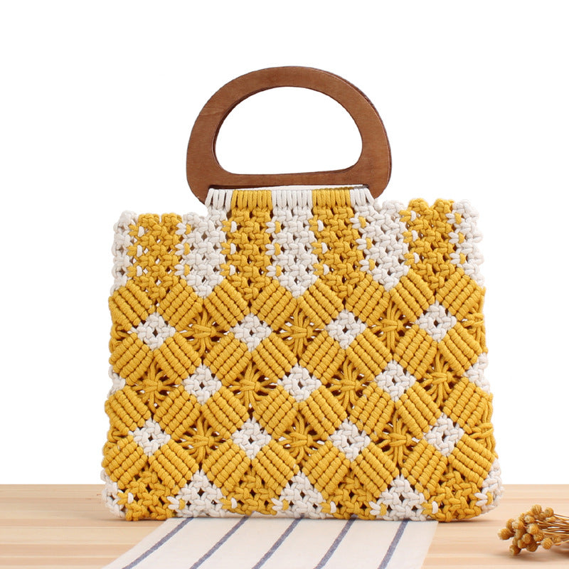 Female  Wood Plaid Straw Lace Portable Leisure Hand Carry Cotton Rope Braided Bag