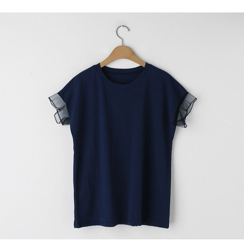 T-shirt til kvinder med rund hals, mesh-flæseærmer og ensfarvet design