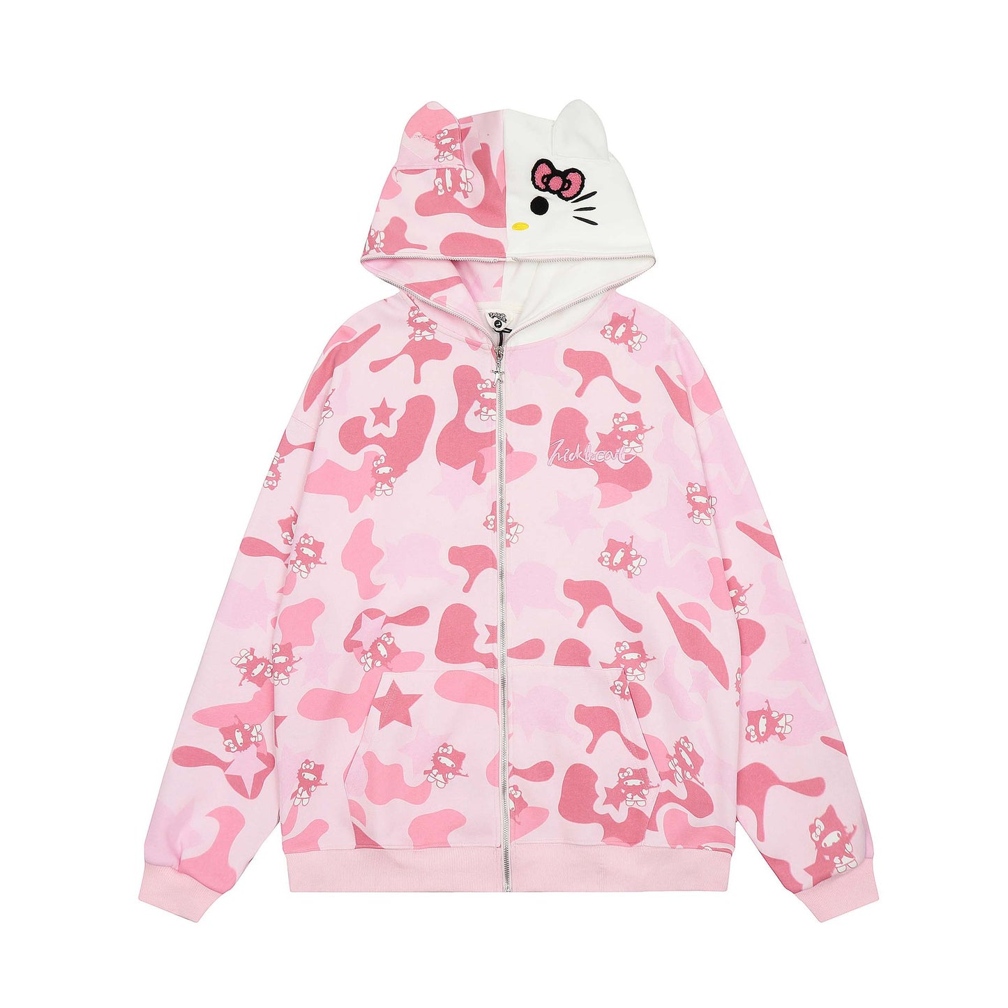 Full Printed Cartoon Cat Letter Embroidery Hooded Cardigan Sweater