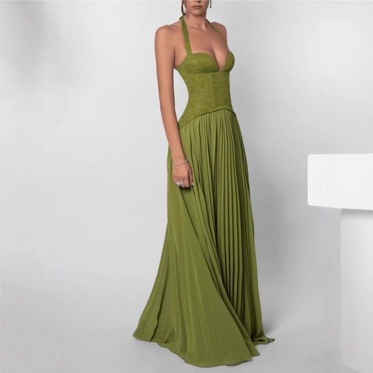 Womens Fashion Backless Halter-neck Low-cut Plunging Pleated Dress