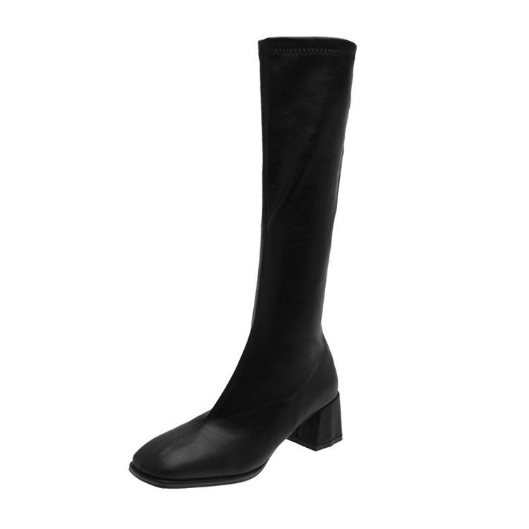 Square Toe Chunky Heel Back Zipper High Boots, Female