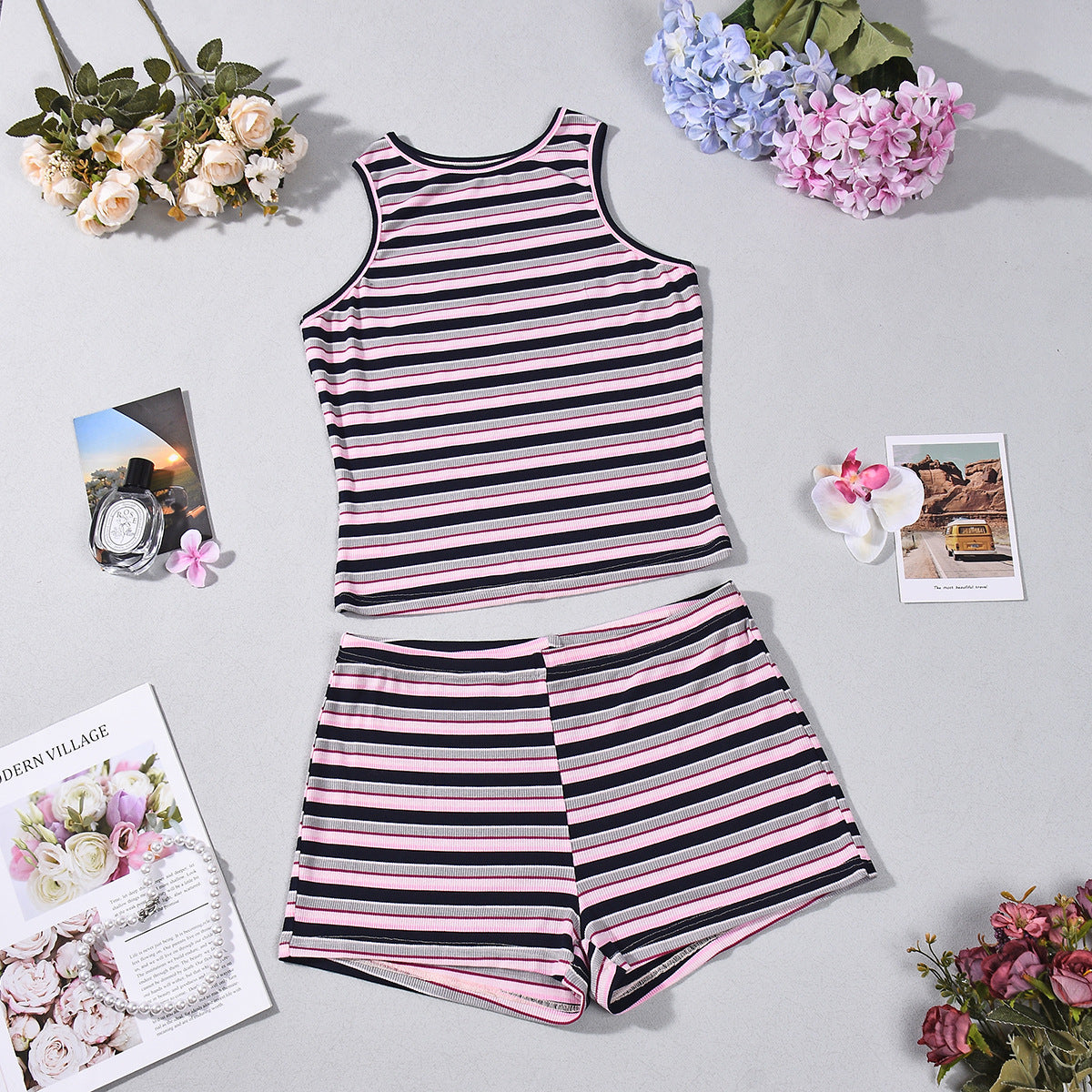 Chest Wrap Sexy Midriff Baring Striped Shorts Set