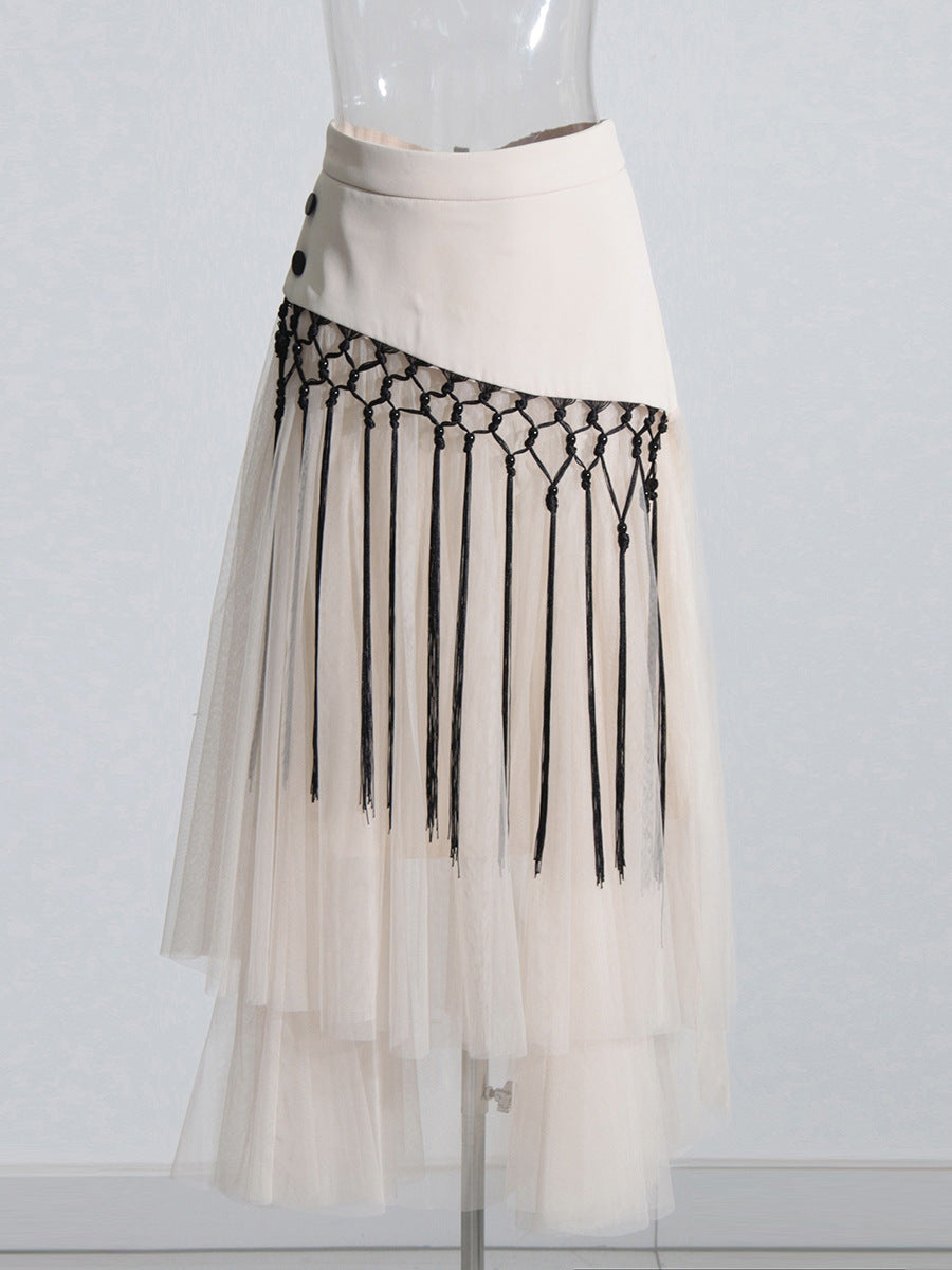 Retro Machine Embroidery Mid-high Waist Buckle Mesh Stitching Skirt