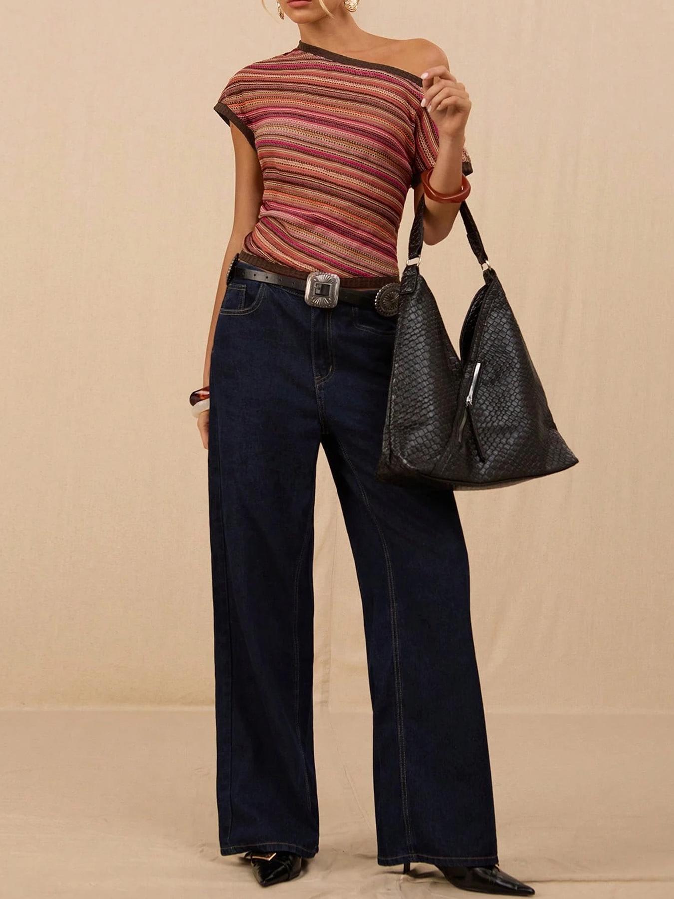 Retro Colorful Knit Top Slim-fit Contrast-color Short Sleeves