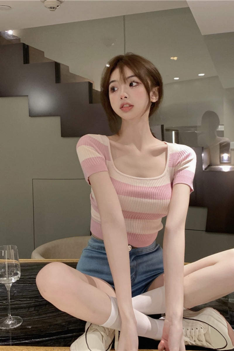 Women's Summer Ice Silk Striped Short Sleeve Knitted Sweater