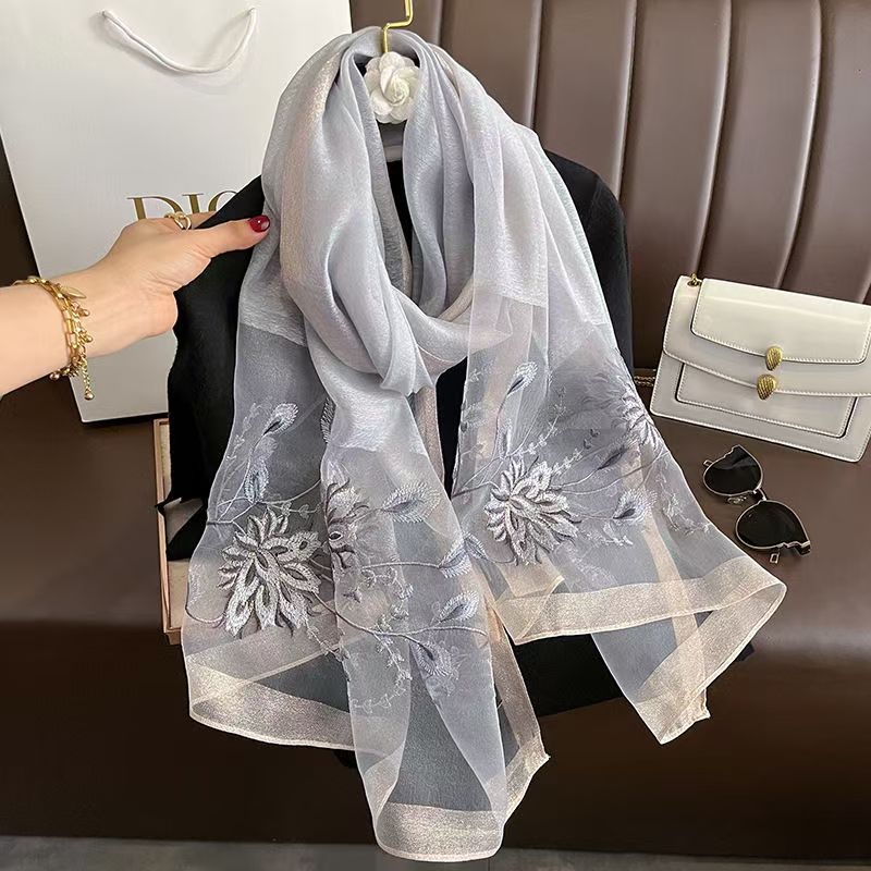 Versatile Embroidered Silk-Feel Thermal Scarf