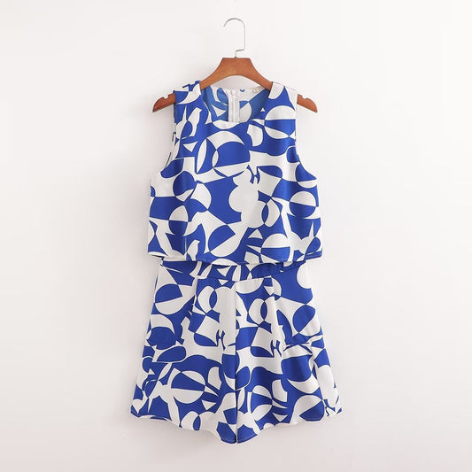 Womens Blue-Print Jumpsuit Shorts From Europe And The US