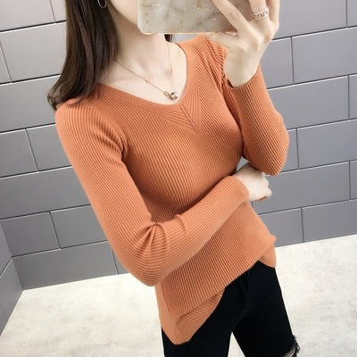 Women's Slim-fit Long-sleeved Pullover Skinny V-neck Sweater
