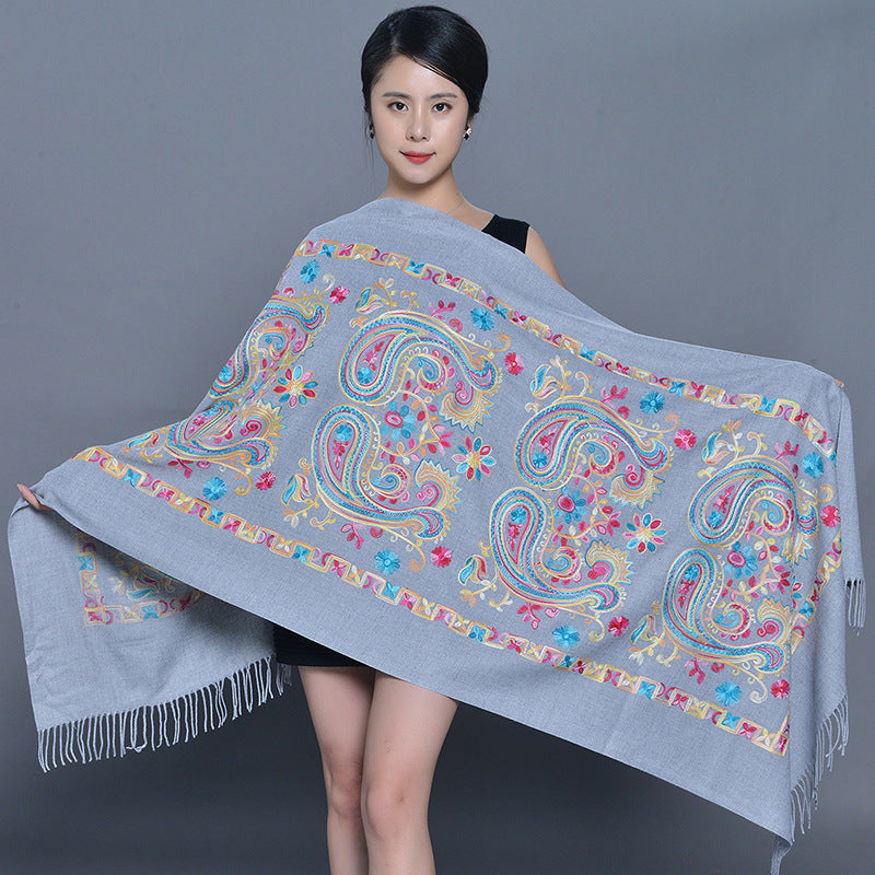 Embroidered Ethnic-Style Great Wall Cashew-Pattern Embroidery Cashmere Scarf