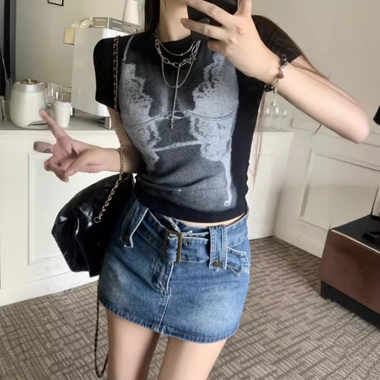 Amerikansk retro dame sommer smart print design niche kort top