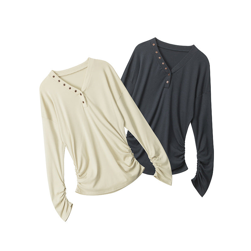 New Womens Fall Slim-fitDesigner-style V-neckWaist-cinching Long-sleeve Top