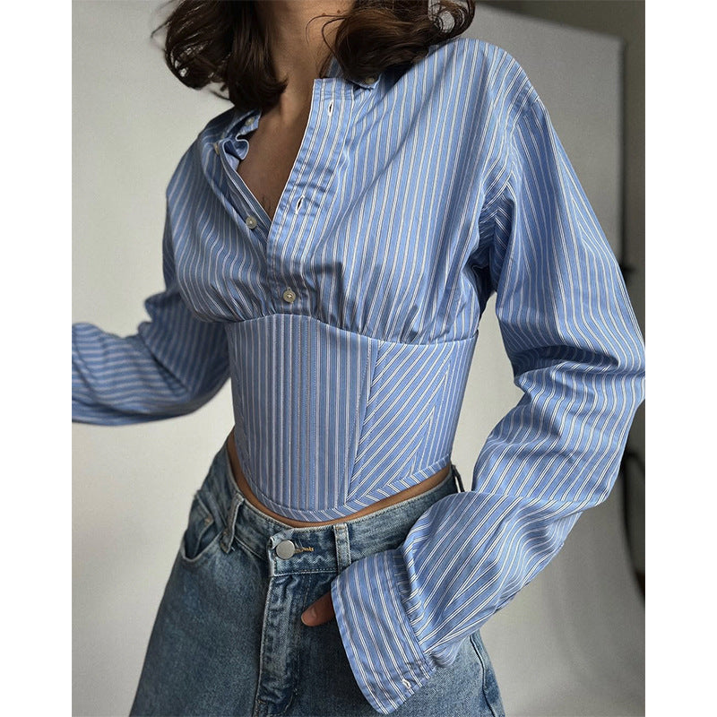 Striped Lapel Fitted Waist Short-length Long Sleeves