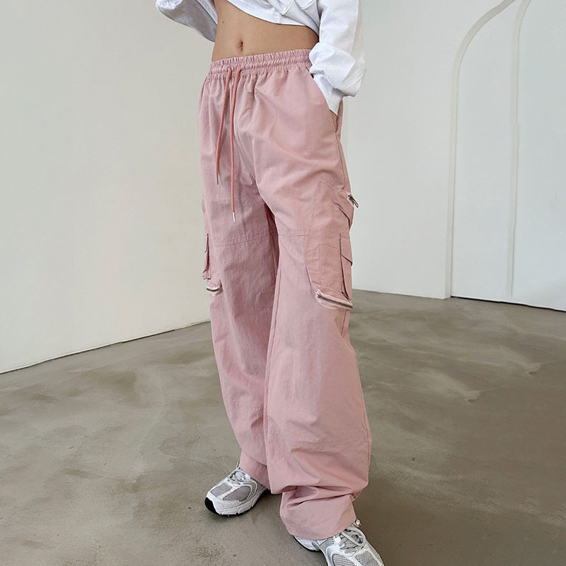 American Street Three-dimensional Pocket Elastic Waist Tie Cargo Pants