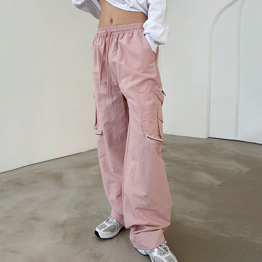 American Street Three-dimensional Pocket Elastic Waist Tie Cargo Pants