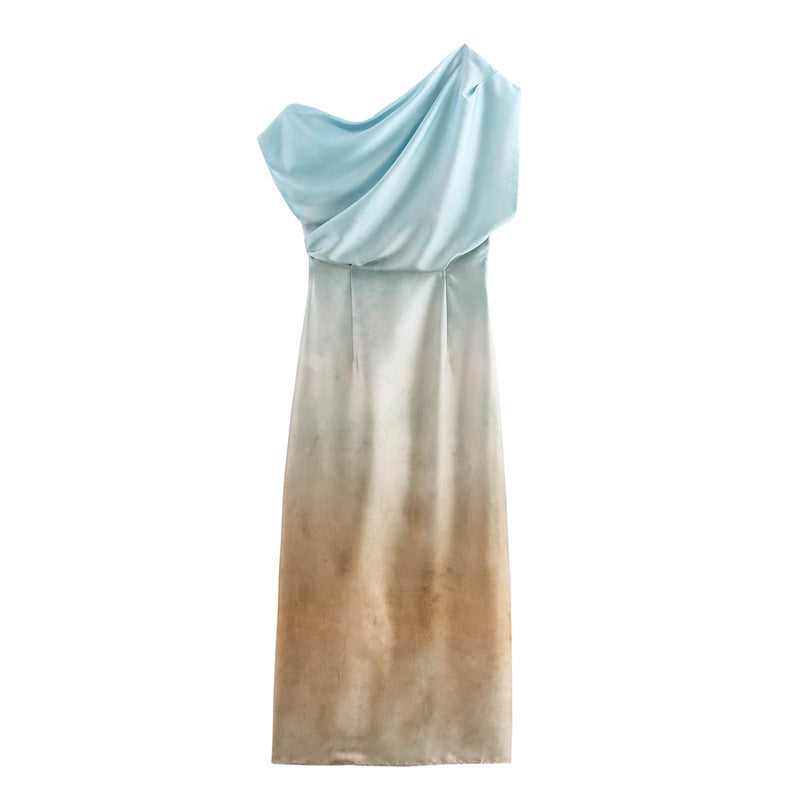 Womens Floral Print Silk-Satin Textured One-Shoulder Dress