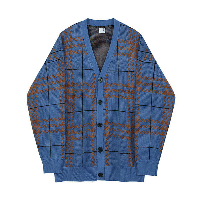Plaid Sweater Korean Version Knitted Sweater Cardigan Men's Coat