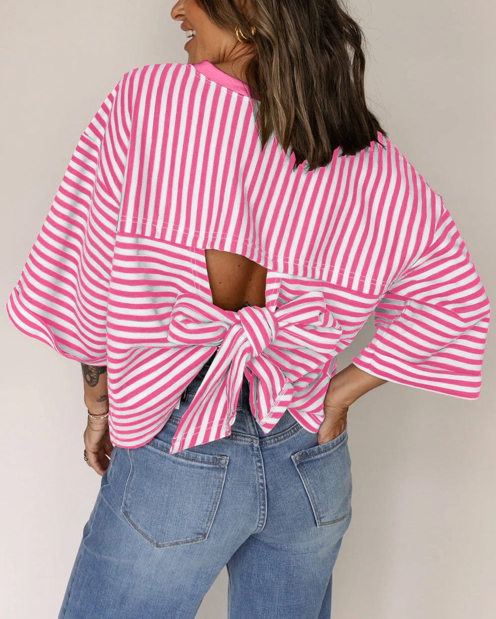 Womens Crew-Neck Striped Knitted Top With Back Tie Bow
