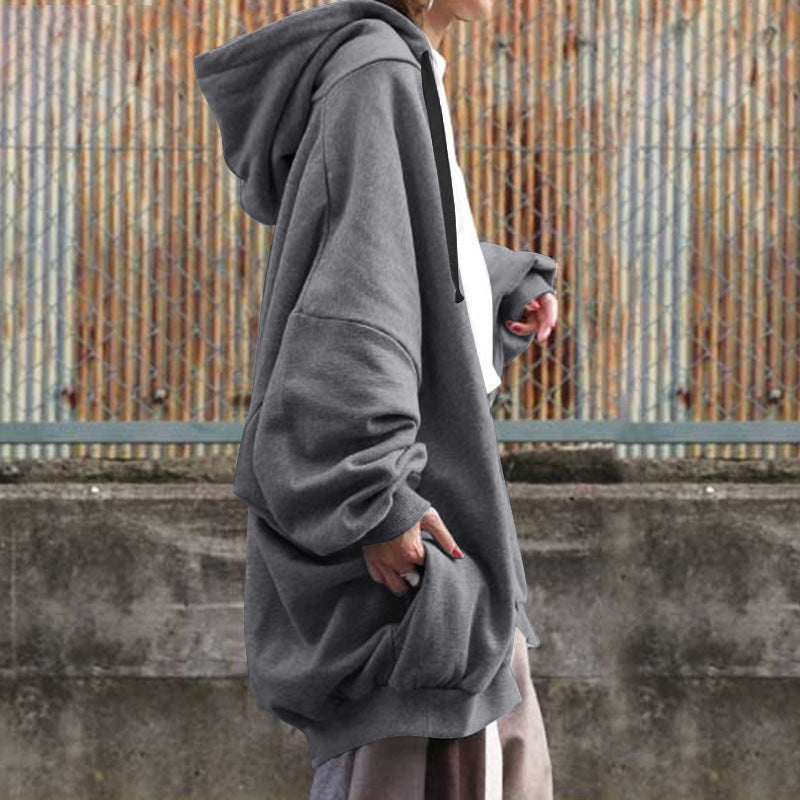 Women's Solid Color European And American Loose Sweater Fashion Hooded Zipper