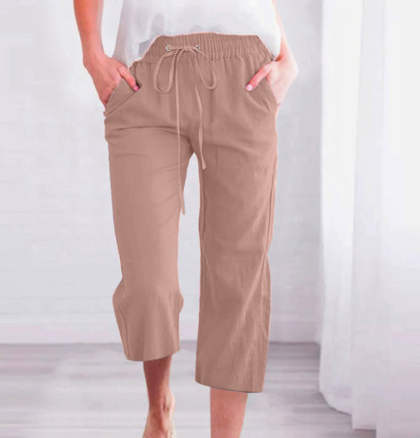 Women's Solid Color Drawstring Cotton And Linen Casual Loose Straight Pocket Home Cropped Pants