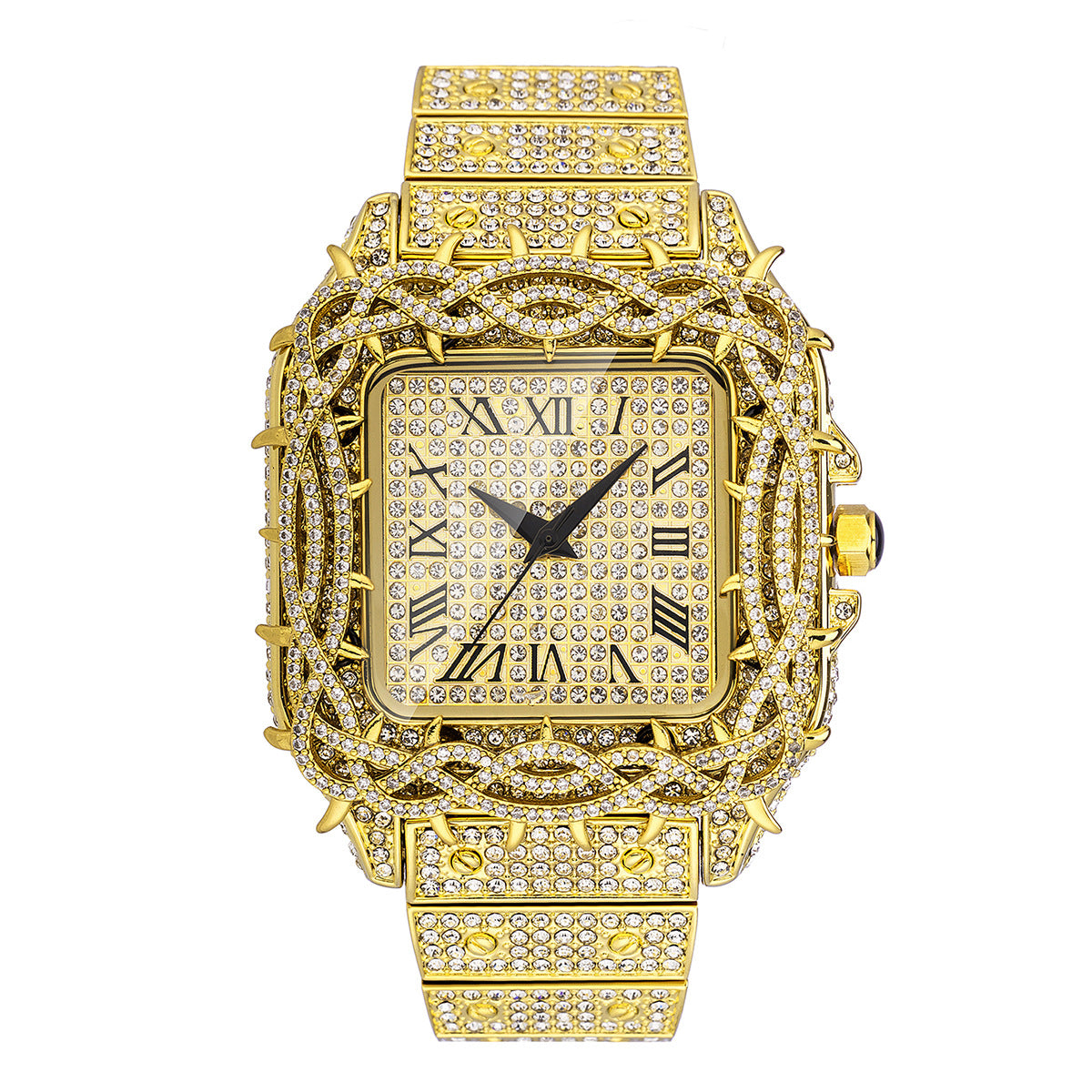 European Hip Hop Ice Watch Thorn Dial Inlaid Zircon Square Full Diamond Men's Quartz Watch