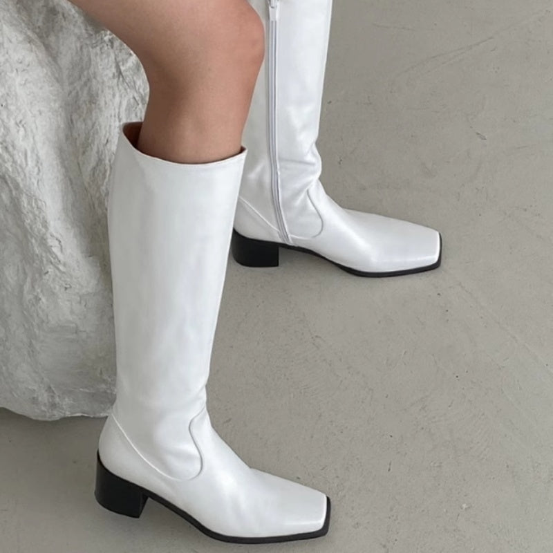 Simple Straight Square Head Below The Knee Long Boots Side Zipper