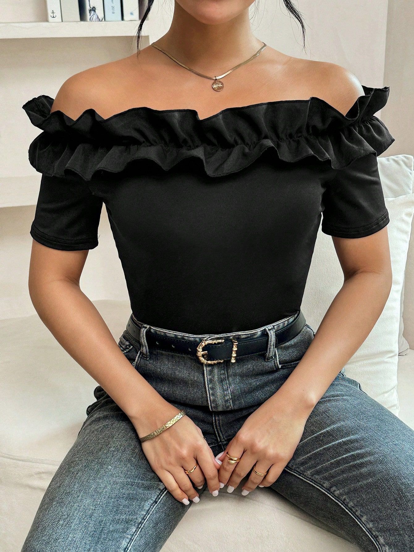 Womens Stylish Off-shoulder Ruffle T-shirt Top