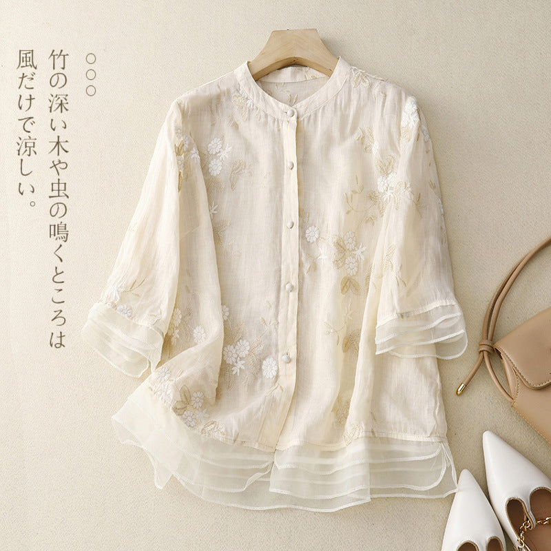 Artistic Retro Heavy Industry Embroidered Cotton And Linen Top