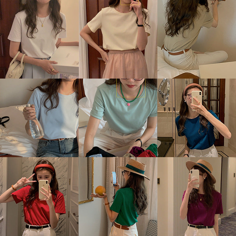 Women's Solid Color Round Neck Loose And Slim Short Sleeve T-shirt