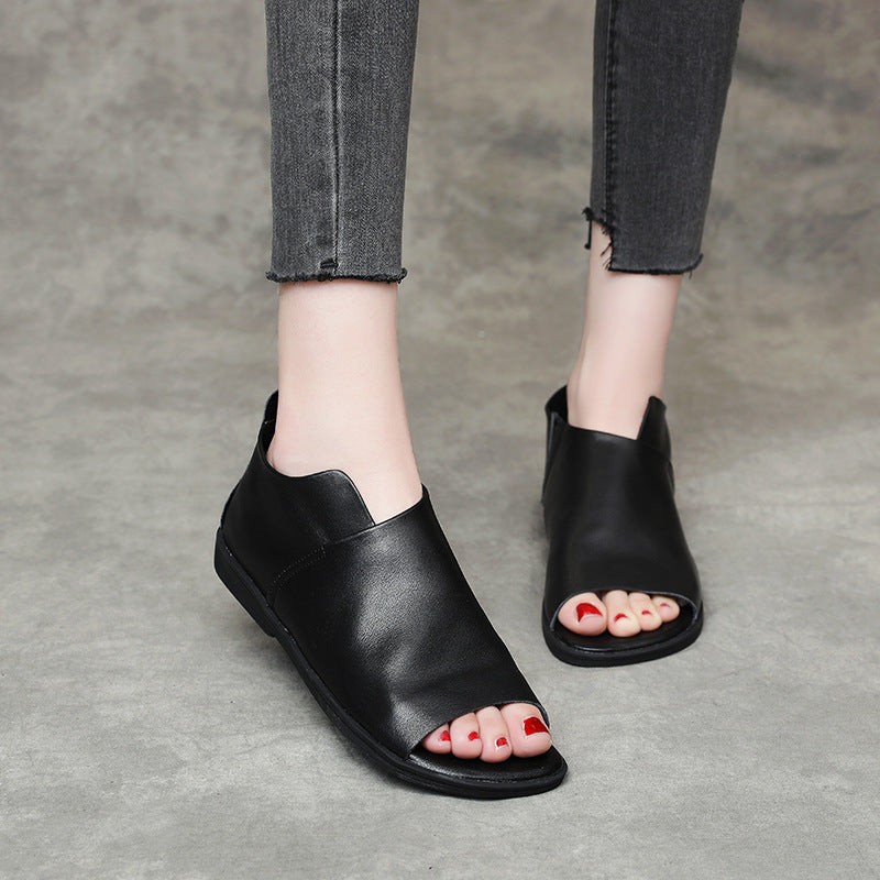 British Genuine Leather Slip On Peep Toe Sandals Flat
