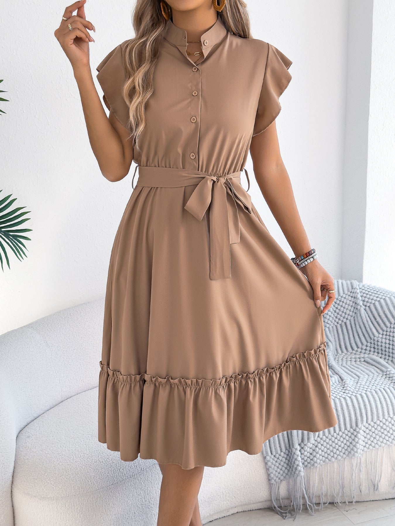Stand-collar Ruffled Shirt Dress With A Tie Waist