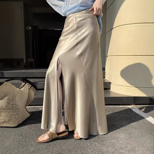 Irregularly Slit Double-Layer Gauze Relaxed-Fit Fishtail Skirt