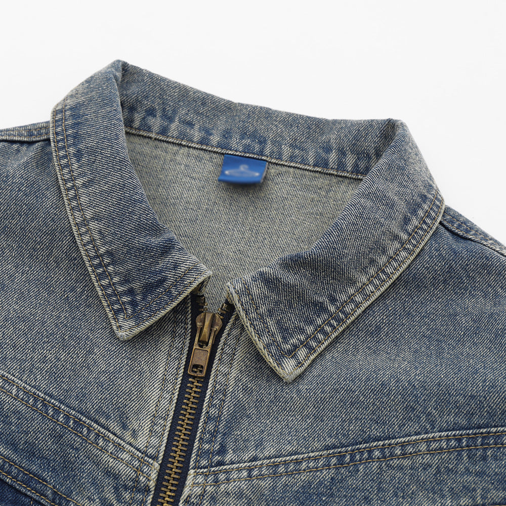 Retro Workwear Pocket Zipper Denim Clothes Jacket Spring And Autumn