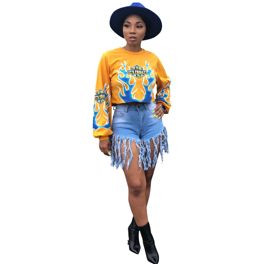 Women's Flame Positioning Printed Long-sleeved Sweater