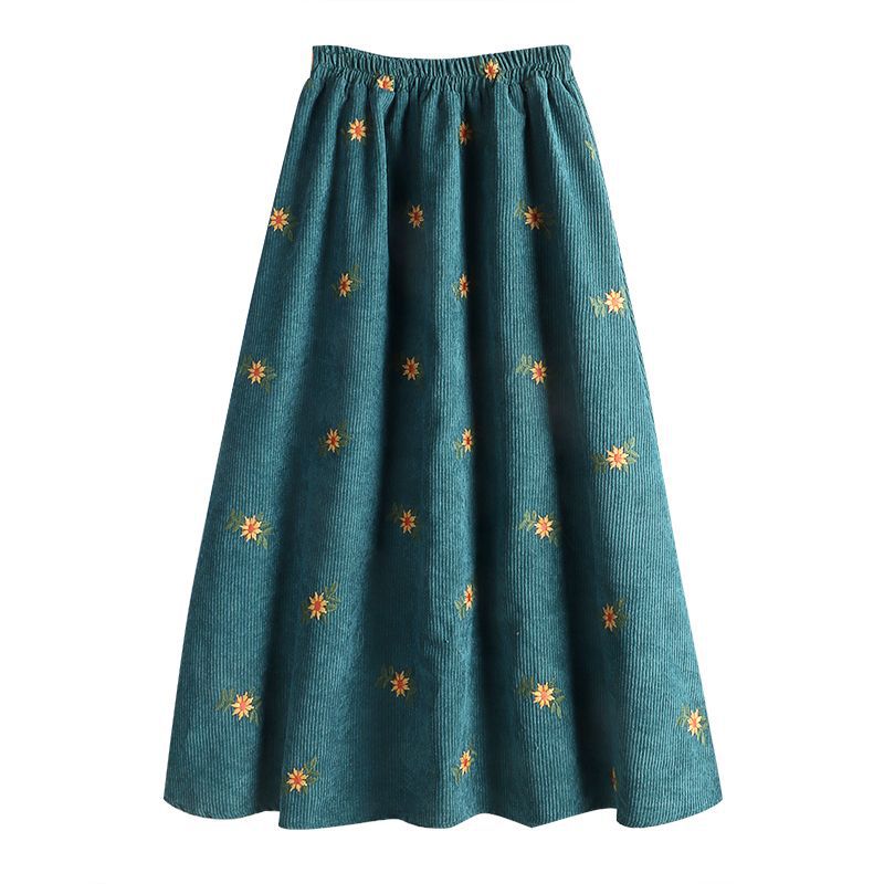 Womens High-Waisted Slimming Corduroy Embroidered Midi Skirt With An Elegant Touch