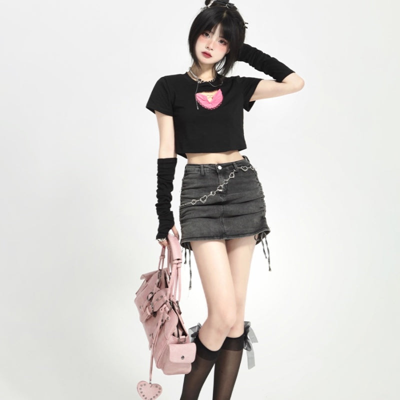 Black Short T-shirt Female Summer Hollow Out Midriff-baring Short Sleeve