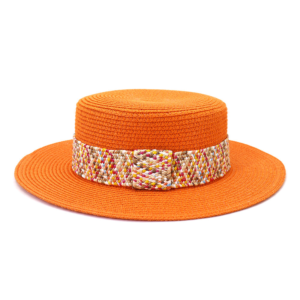 Color Flat Top Straw Hat Outdoor Travel Sunscreen