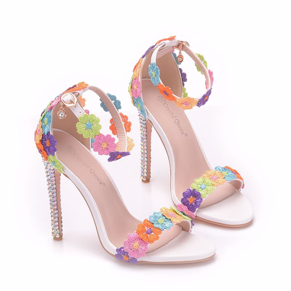 Temperament Word Strap Stiletto Sandals White Lace Wedding Shoes