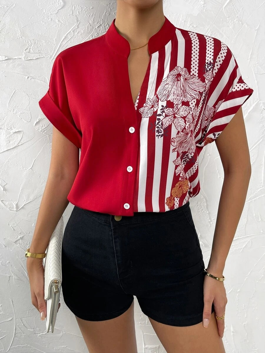 Double Contrast Color Floral Button Cardigan Short Sleeve Shirt