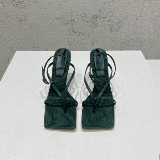 Square-toe High-heel Sandals In Woven Mesh And Leather