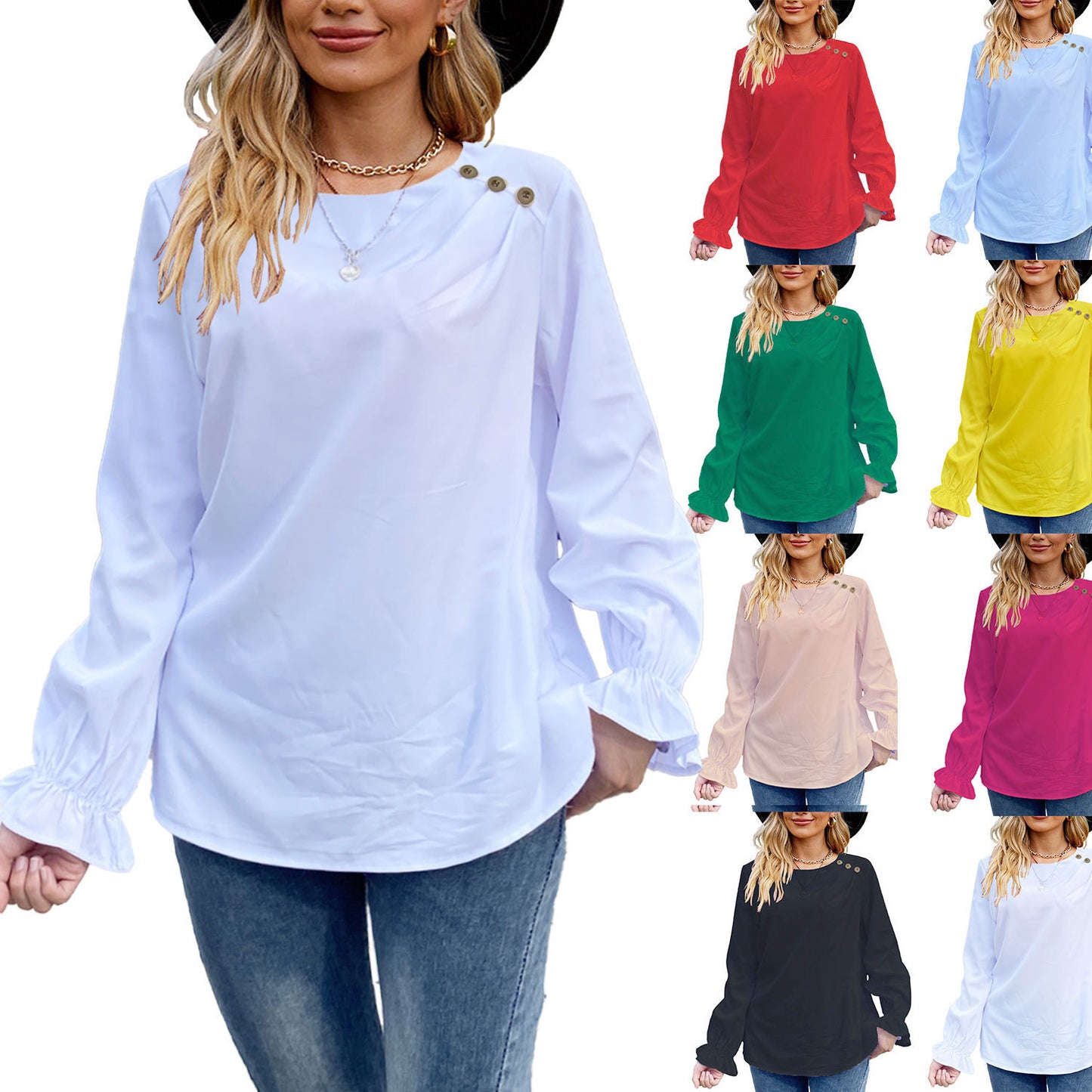 European And American Solid Color Buttons Loose Round Neck Long Sleeve Shirt