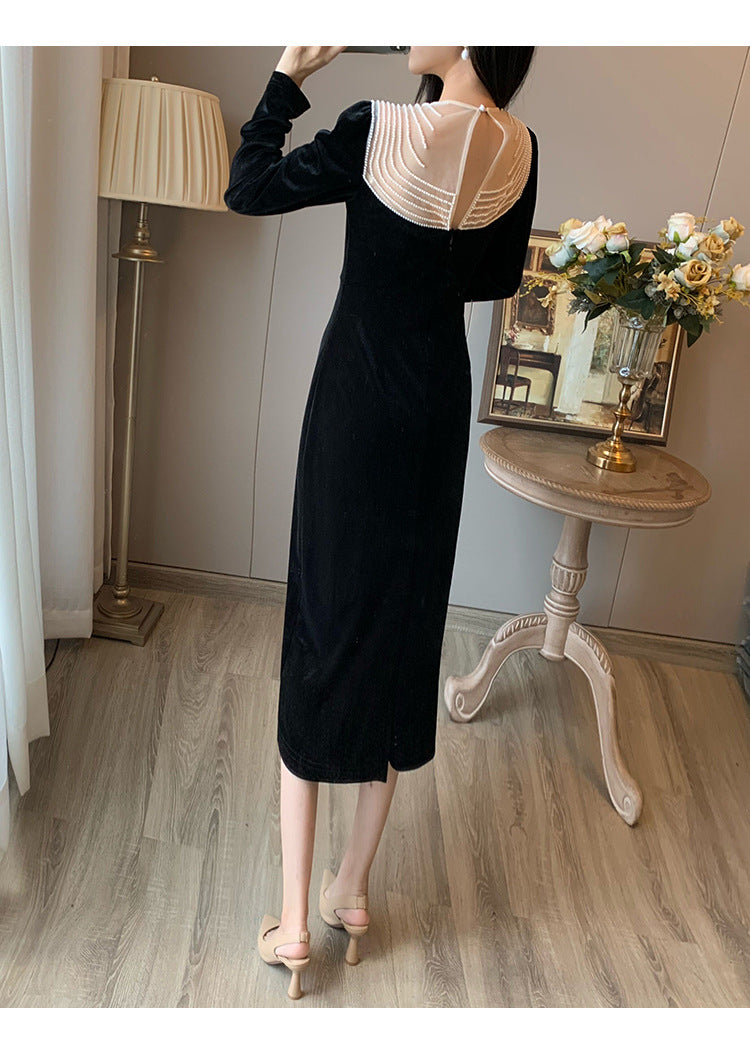 Slim Fit Slim Wrap Hip Black Velvet Dress