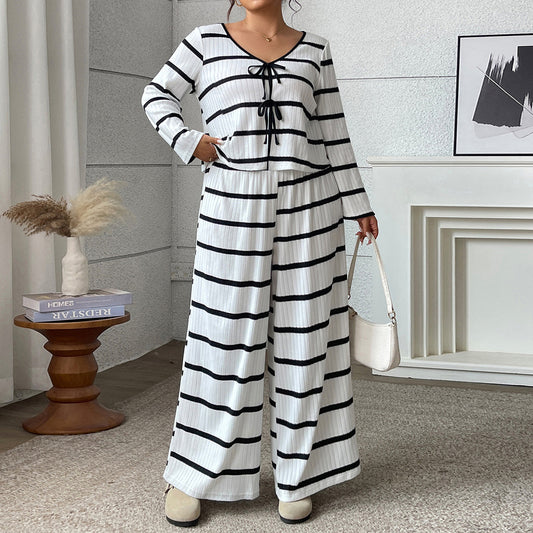 Striped Top With Tie Details Paired With Casual Loose-fitting Plus-size Wide-leg Pants