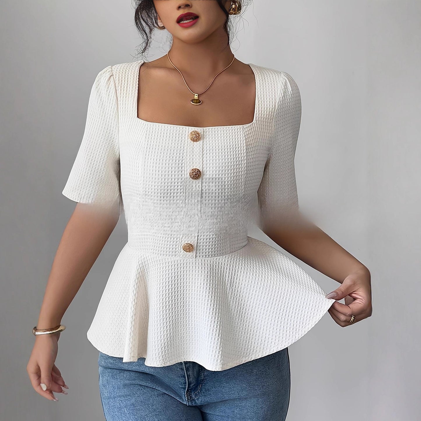 Youthful Chic Square-neck Top With Puff Sleeves Ruffled Hem And A High Waist
